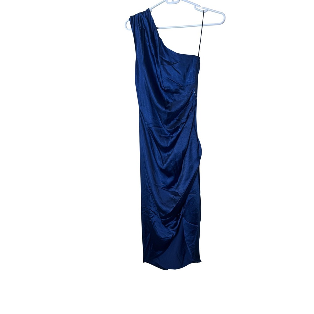 Elliatt Dress Womens Small Blue Satin One Shoulder Ruched‎ Bodycon Midi Formal